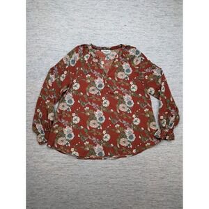 Staccato‎ Floral Blouse V-Neck peasant Rust Medium Boho Hippie Buttons Colorful